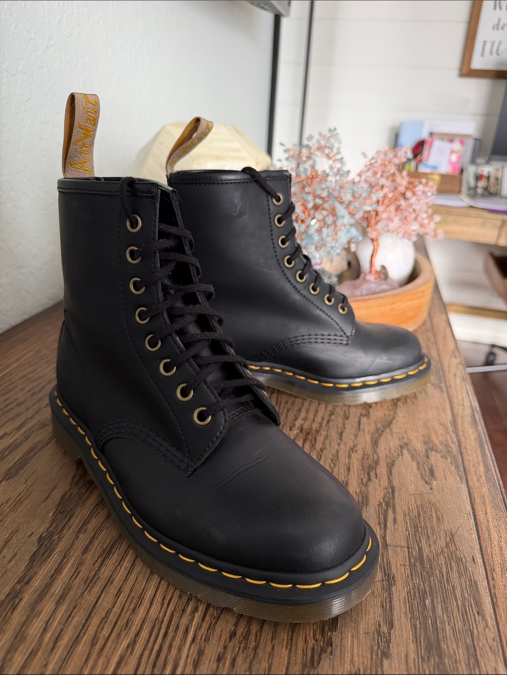 Dr.Martens Leather Combat Boots with Yellow Stitching